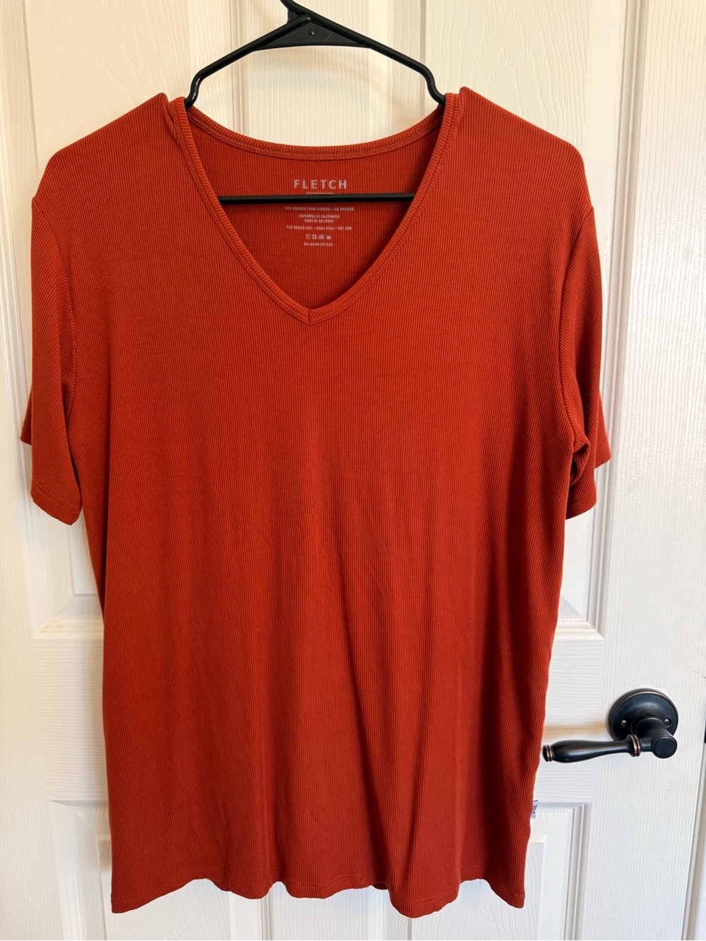 Fletch L Burnt Orange Ribbed Bamboo V Neck T Shirt Soft Stretch
